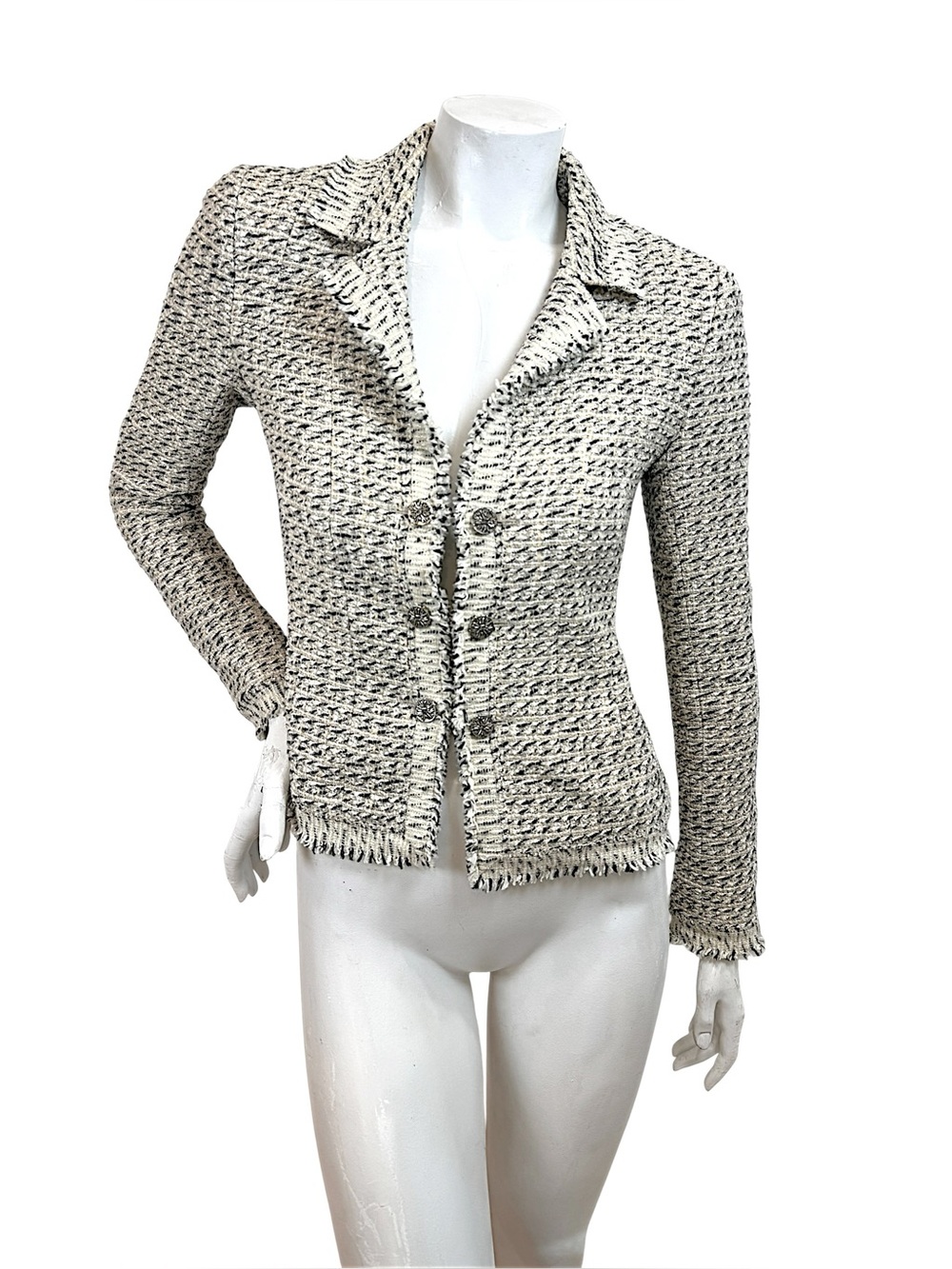 Chanel 2004 Lesage Tweed Fringe Jacket Ivory Black